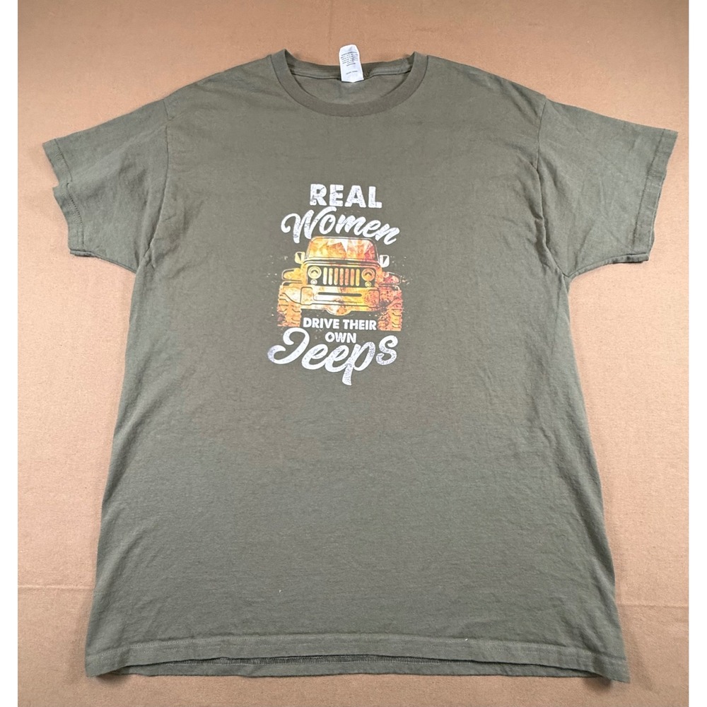 Real Women Drive Jeeps Olive Green Graphic T-Shirt Size Large
